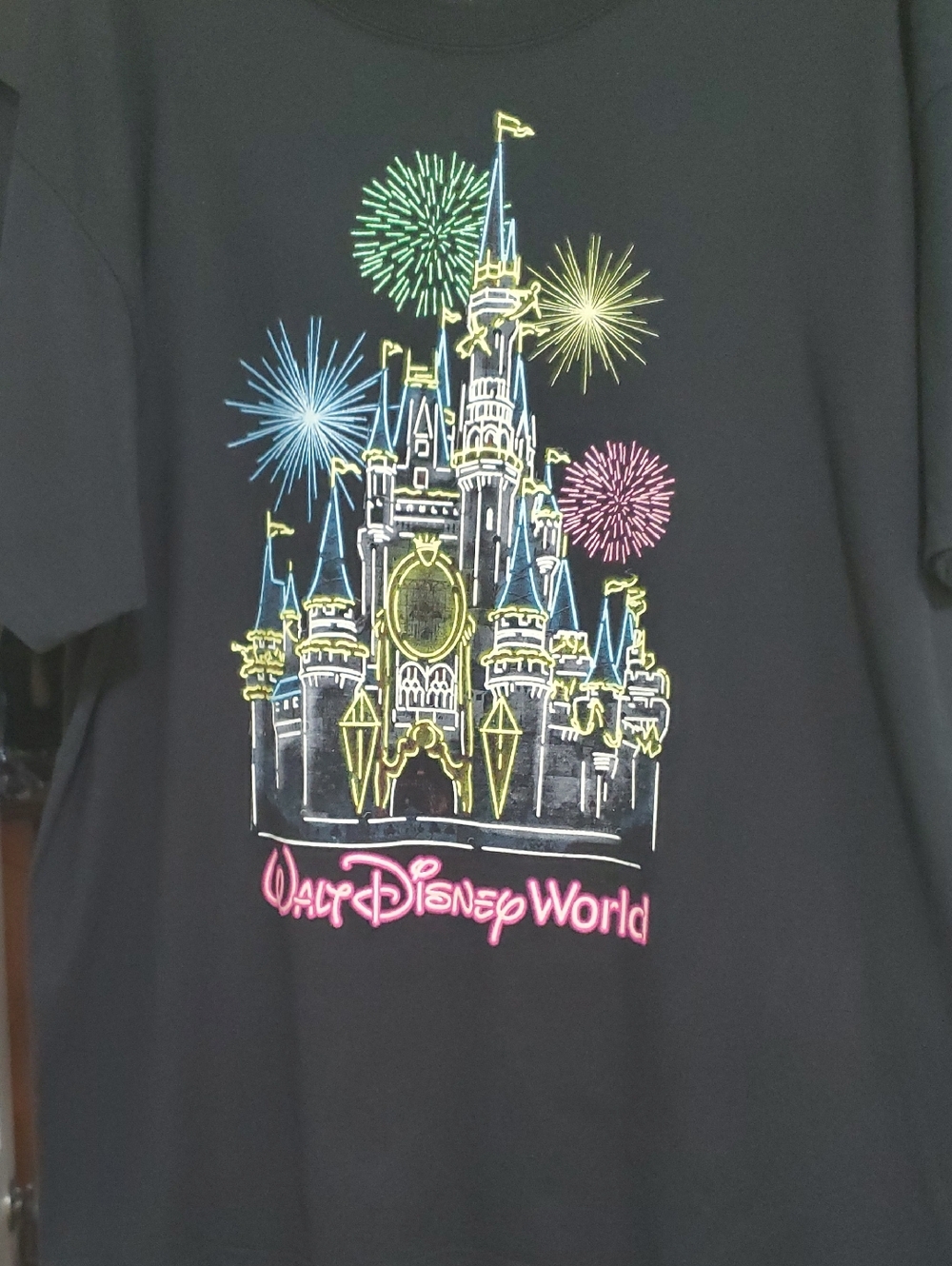 Disney XL Black Tee with Glow-In-The Dark Neon Castle & Fireworks Like New